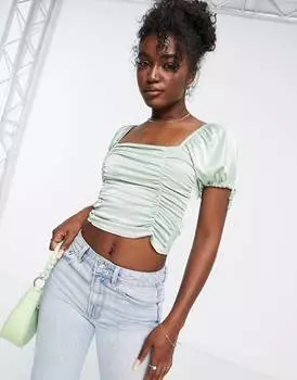 Атласный топ цвета шалфея с пышными рукавами и сборками спереди ASOS DESIGN