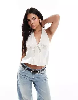 Атласный топ цвета слоновой кости с воротником-бретелькой ASOS DESIGN