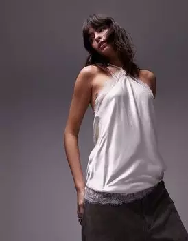 Атласный топ-халтер Topshop с кружевной отделкой цвета слоновой кости