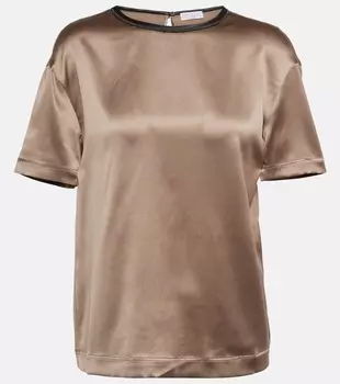 Атласный топ из смесового шелка Brunello Cucinelli, коричневый