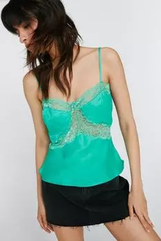 Атласный топ на бретельках с кружевными вставками Nasty Gal, зеленый