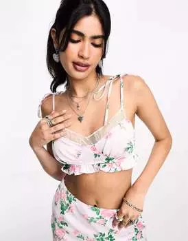 Атласный топ на бретельках с розовым цветочным принтом и кружевом ASOS