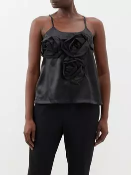 Атласный топ на бретелях с аппликацией в виде роз Comme Des Garons, черный