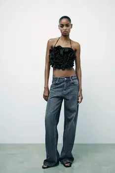 Атласный топ с цветочным узором ZARA, черный