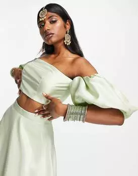 Атласный топ с пышными рукавами ASOS DESIGN, светло-зеленый
