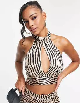 Атласный топ с вырезом на шее и принтом зебры ASOS