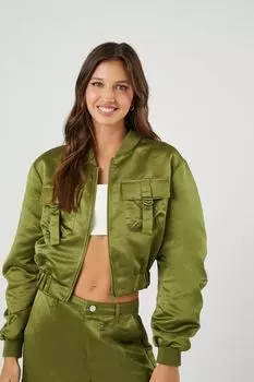 Атласный укороченный бомбер со сборками Forever 21, оливковый