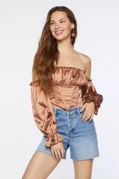 Атласный укороченный топ с открытыми плечами Forever 21, кофе