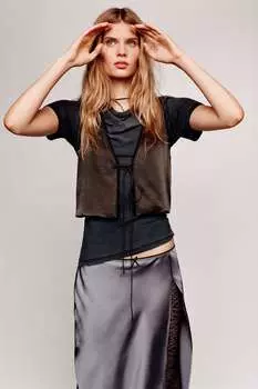 Атласный жилет с завязками ZARA, черный