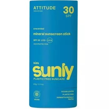 ATTITUDE Минеральный солнцезащитный стик для детей SPF 30, проверен EWG, не содержит пластика, широкий спектр защиты от UVA/UVB, с оксидом цинка, дерматологически протестирован, веганский, без запаха, 60 г