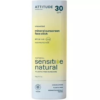 ATTITUDE Минеральный солнцезащитный стик для лица для чувствительной кожи SPF 30, проверен EWG, не содержит пластика, широкий спектр защиты от UVA/UVB, с оксидом цинка, дерматологически протестирован, веганский, без запаха, 20 г