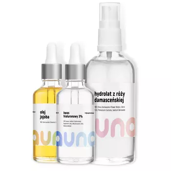 Auna набор для кожи с акне: гидролат розы, 100 мл + гиалуроновая кислота 3%, 30 мл + масло жожоба, 30 мл