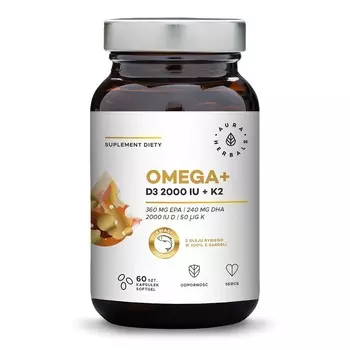AURA HERBALS Omega+ Витамин D3 2000 МЕ + K2 Биологически активная добавка, 60 мягких желатиновых капсул