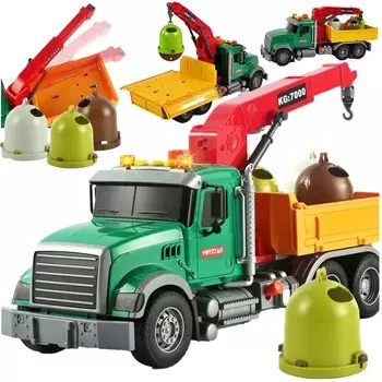 Автомобильный мусоровоз, большой грузовик, эвакуатор с крюком и подъемником + мусорные баки, обучающий световой звук сегрегации Doris