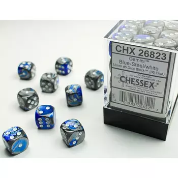 Аксессуары Chessex Chessex 12mm d6 Set: Gemini - Blue-Steel w/White Dice (36)