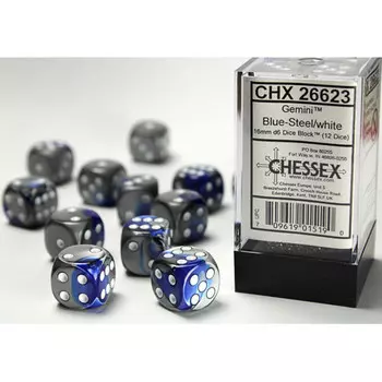 Аксессуары Chessex Chessex 16mm d6 Set: Gemini - Blue-Steel w/White (12)