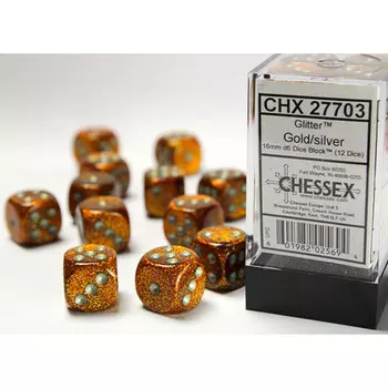 Аксессуары Chessex Chessex 16mm d6 Set: Glitter - Gold w/Silver (12)