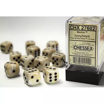 Аксессуары Chessex Chessex 16mm d6 Set: Marble - Ivory w/Black (12)