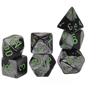 Аксессуары Chessex Chessex Mini Dice Set: Gemini - Black-Grey w/ Green (7)