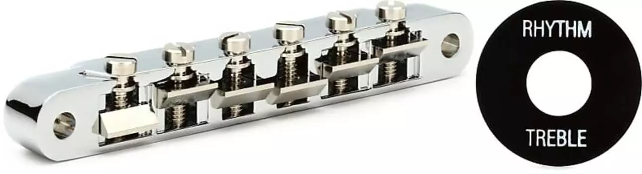 Аксессуары Gibson ABR-1 Бридж Tune-O-Matic в полной сборке - хромированный комплект с шайбой тумблера аксессуаров Gibson - черный с белым оттиском Gibson Accessories PBBR-010=1 PRWA-020=1