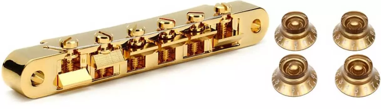 Аксессуары Gibson ABR-1 Tune-O-Matic Bridge w/Full Assembly — золотой комплект с аксессуарами Gibson Top Hat Knobs, 4 шт. — винтажное золото Gibson Accessories PBBR-020=1 PRHK-020=1