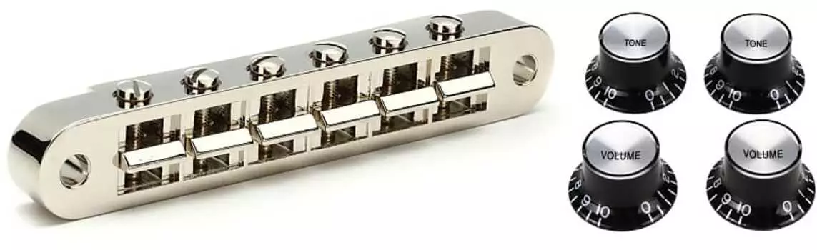 Аксессуары Gibson Бридж Nashville Tune-O-Matic с полной сборкой - Никелевый комплект с аксессуарами Gibson Ручки Top Hat со вставками, 4 шт. - Черный с серебристой металлической вставкой Gibson Accessories PBBR-045=1 PRMK-010=1