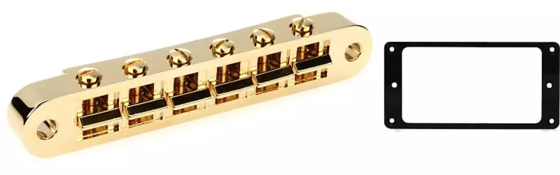Аксессуары Gibson Бридж Nashville Tune-O-Matic с полной сборкой - золотой комплект с креплением для бриджевого звукоснимателя Gibson Accessories - черный PBBR-040=1 PRPR-020=1