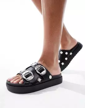 Azalea Wang – Chivonne – Черные босоножки с ковбойскими пряжками