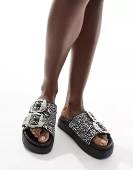 Azalea Wang – Lynel – Черные босоножки с украшением и пряжками в стиле вестерн