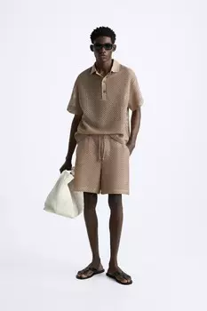 Ажурная фактурная рубашка-поло ZARA, светло-коричневый