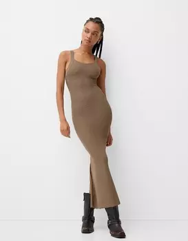 Ажурное платье миди с бретельками Bershka, коричневый