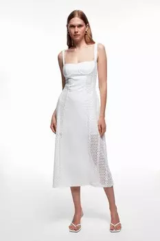 Ажурное платье миди с детальной отделкой цвета экрю QUZU