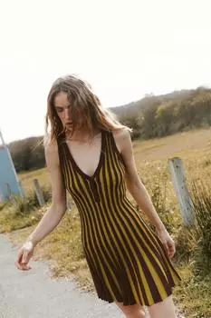 Ажурное платье в полоску ZARA, цвет Brown/Green