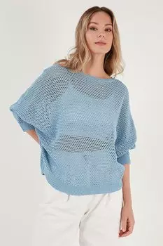 Ажурный свитер с вырезом «лодочка» и рукавами «летучая мышь» 6071571 Lela, синий