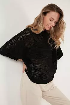 Ажурный свитер с вырезом «лодочка» и рукавами «летучая мышь» 6071571 Lela, черный