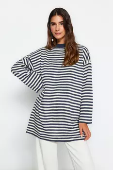 Ажурный трикотажный свитер в полоску индиго Trendyol Modest, синий