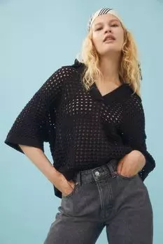 Ажурный трикотажный топ-поло H&amp;M, черный