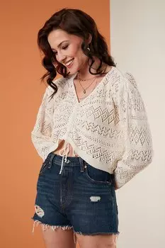 Ажурный укороченный трикотажный свитер с V-образным вырезом 6071470 Lela