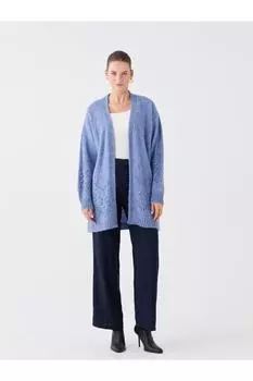 Ажурный женский трикотажный кардиган с длинным рукавом и воротником-шалью LC Waikiki, синий
