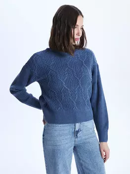 Ажурный женский трикотажный свитер с длинным рукавом и полуводолазкой LCW Casual, синий
