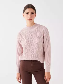 Ажурный женский трикотажный свитер с длинным рукавом и полуводолазкой LCW Casual, матовый сиреневый