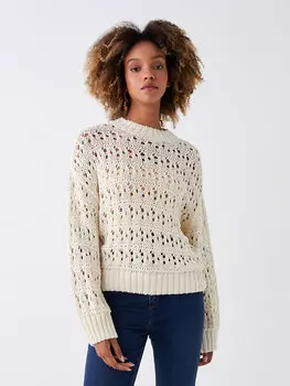 Ажурный женский трикотажный свитер с круглым вырезом и длинными рукавами LCW Casual, экрю
