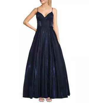 B. Darlin Длинное платье со сборками и V-образным вырезом на бретельках-спагетти, синий