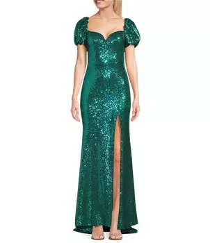 B. Darlin Сетчатое платье с пайетками и вырезом в форме сердца, короткими рукавами-фонариками и шнуровкой на спине, длинное платье, зеленый