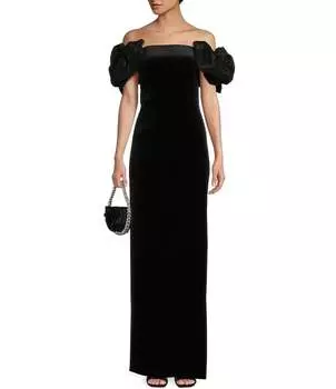 B. Длинное платье Darlin из тафты с открытыми плечами, отделкой бантом и разрезом по бокам B. Darlin, черный