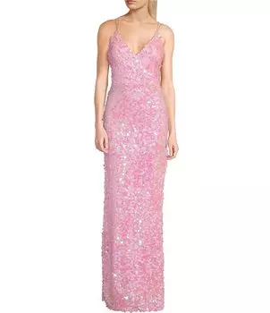B. Длинное платье с разрезом по бокам и пайетками, V-образным вырезом и бретельками B. Darlin, розовый
