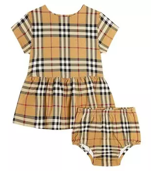 Baby burberry комплект из платья и шароваров в клетку Burberry, бежевый