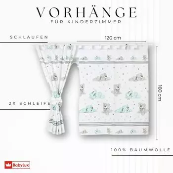 BABYLUX для детской комнаты ШТОРЫ с петлями 68. Мишка Мечтатель Мятный, зеленый