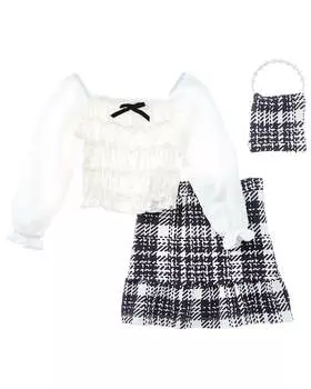 Badgley Mischka Креповая блузка, клетчатая юбка и сумочка в комплекте, черный