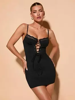 BAE Мини-платье с завязками на плечах Однотонное кружево, Однотонное, подходит для повседневной носки Shein, черный